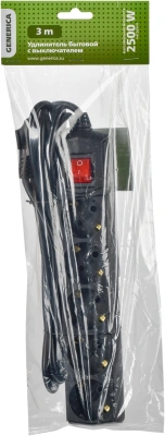 Сетевой удлинитель IEK У05В 3м (5 розеток) черный (пакет ПЭ)