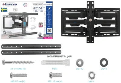 Кронштейн для телевизора Kromax Ultra Slim-102 черный 32"-90" макс.60кг настенный поворот и наклон
