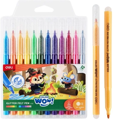 Фломастеры Deli EC172 Colorwow пулевидный пиш. наконечник Вентилируемый с блестками 12цв. (12шт.)