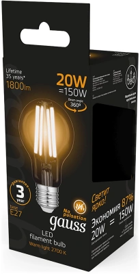 Лампа филам. Gauss Filament 102902120 20Вт цок.:E27 груша 220B св.свеч.бел.теп. (упак.:10шт)