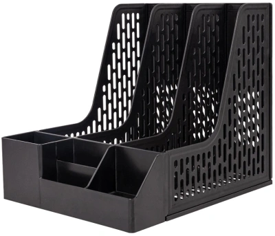 Лоток вертикальный Deli E9847 BLACK 3отд. сборный для бумаг 253x320x275мм черный пластик пластиковый пакет