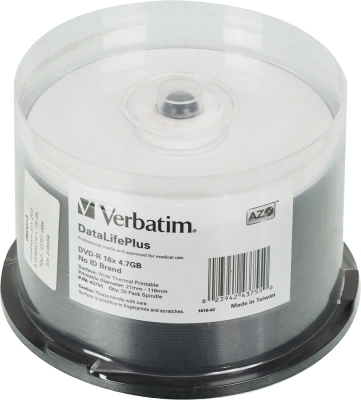 Диск DVD-R Verbatim 4.7Gb 16x Cake Box (50шт) Printable (43755)