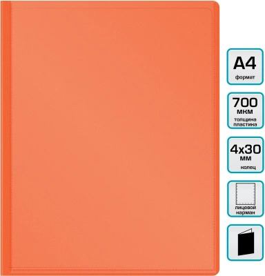 Папка панорама на 4-х кольцах Бюрократ Неон DNE0740/4ROR A4 пластик 0.7мм кор.40мм карм.на лиц.стор. оранжевый