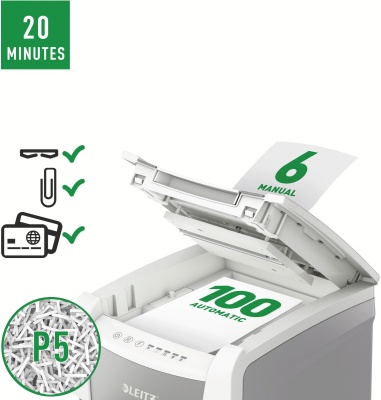 Шредер Leitz IQ Autofeed Small Office 100 P5 белый с автоподачей (секр.P-5) фрагменты 100лист. 34лтр. скрепки скобы пл.карты