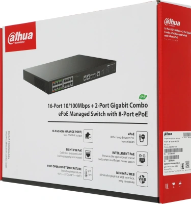 Коммутатор Dahua DH-LR2218-16ET-240 (L2) 16x100Мбит/с 2x1Гбит/с 2xКомбо(1000BASE-T/SFP) 2SFP 14PoE+ 2PoE++ 240W управляемый