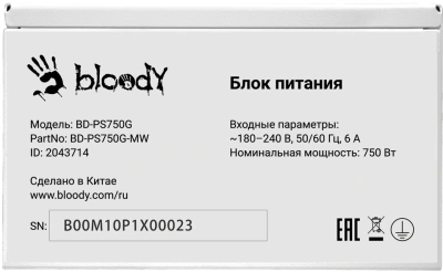 Блок питания Bloody ATX 750W BD-PS750G 80+ gold (20+4pin) APFC 120mm fan 6xSATA Cab Manag RTL