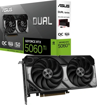 Видеокарта Asus PCI-E 5.0 DUAL-RTX5060TI-O16G NVIDIA GeForce RTX 5060TI 16Gb 128bit GDDR7 2602/28000 HDMIx1 DPx3 HDCP Ret