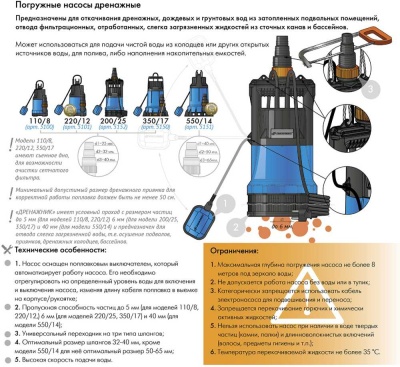 Насос дренажный Джилекс Дренажник 110/8 210Вт 6600л/час центробежный (в компл.:Переходник "Елочка" на три размера шланга 25/32/40мм) (5100)