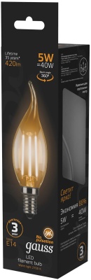 Лампа филам. Gauss Filament 5Вт цок.:E14 свеча 220B св.свеч.бел.теп. (упак.:10шт) (104801105)