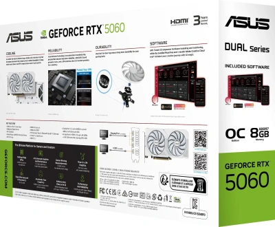 Видеокарта Asus PCI-E 5.0 DUAL-RTX5060-O8G-WHITE NVIDIA GeForce RTX 5060 8Gb 128bit GDDR7 2535/28000 HDMIx1 DPx3 HDCP Ret