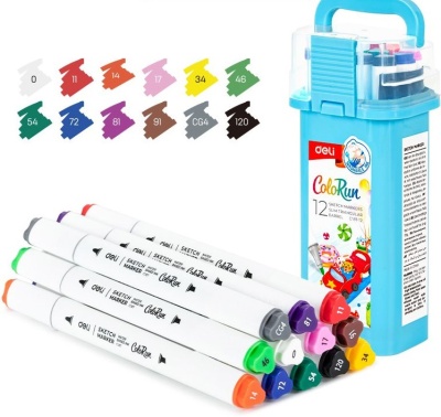 Набор маркеров для скетчинга Deli EC187-12 ColoRun 11мм 150мм трехгр. двойной пиш. наконечник 1-5мм 12цв. ассорти пластиковая коробка (12шт.)