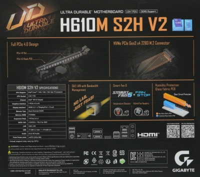 Материнская плата Gigabyte H610M S2H V2 Soc-1700 Intel H610 2xDDR5 mATX AC`97 8ch(7.1) GbLAN+VGA+HDMI+DP
