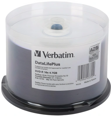 Диск DVD-R Verbatim 4.7Gb 16x Cake Box (50шт) Printable (43755)