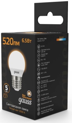Лампа светодиодная Gauss Black 6.5Вт цок.:E27 шар 220B св.свеч.бел.теп. G45 (упак.:10шт) (105102107)