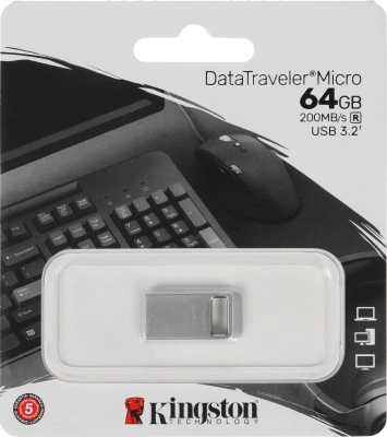 Флеш Диск Kingston 64Gb DataTraveler Micro DTMC3G2/64GB USB3.0 серебристый