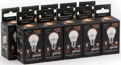 Лампа светодиодная Gauss Black 6.5Вт цок.:E27 шар 220B св.свеч.бел.теп. G45 (упак.:10шт) (105102107)