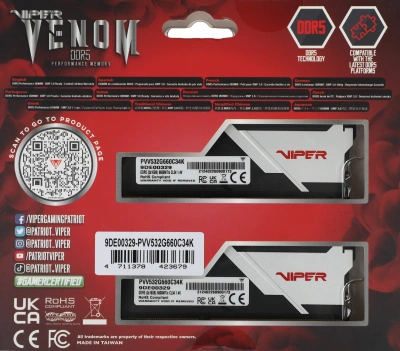 Память DDR5 2x16GB 6600MHz Patriot PVV532G660C34K Viper Venom RTL Gaming PC5-52800 CL34 DIMM UDIMM 288-pin 1.4В kit с радиатором Ret