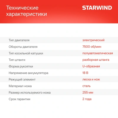 Триммер электрический Starwind SBG-300.20-4.4 аккум. разбор.штан. реж.эл.:леска/нож