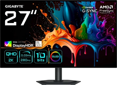 Монитор Gigabyte 27" MO27Q28G черный WOLED LED 16:9 HDMI M/M матовая HAS Piv 1500000:1 335cd 178гр/178гр 2560x1440 280Hz DP Quad 2K (1440p) USB 6кг