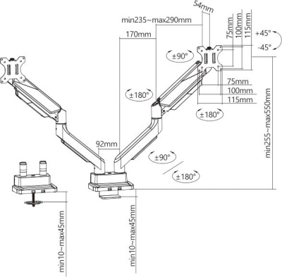 Кронштейн для мониторов Ultramounts UM718 серый 17"-35" макс.15кг крепление к столешнице поворот и наклон