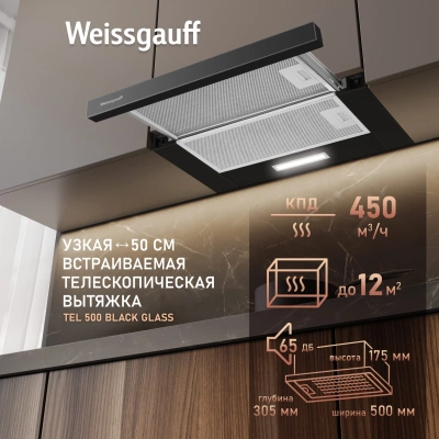 Вытяжка встраиваемая Weissgauff TEL 500 Glass черный управление: кулисные переключатели (1 мотор)