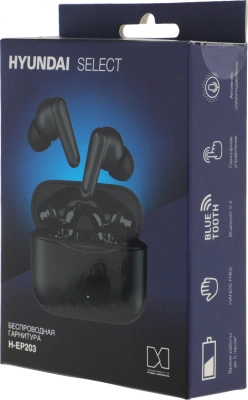 Гарнитура внутриканальные Hyundai Select H-EP203 черный беспроводные bluetooth в ушной раковине (HEP203B)