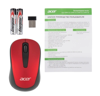 Мышь Acer OMR136 красный оптическая 1000dpi беспров. USB для ноутбука 3but (ZL.MCEEE.01J)