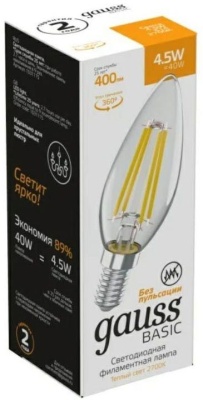 Лампа светодиодная Gauss Basic 1031115 4.5Вт цок.:E14 свеча 220B св.свеч.бел.теп. (упак.:10шт)