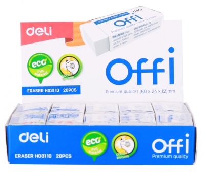Ластик Deli EH03110 Offi 60x24x12мм ПВХ белый индивидуальная картонная упаковка