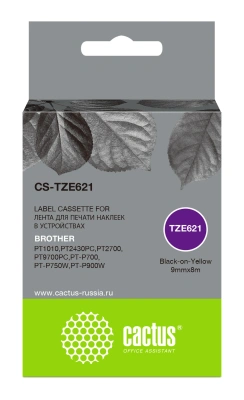 Картридж ленточный Cactus CS-TZE621 TZe-621 черный на желтом 9x8 для Brother 1010/1280/1280VP/2700VP