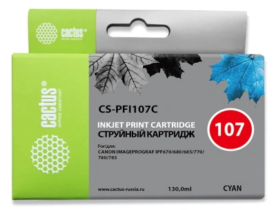Картридж струйный Cactus CS-PFI107C PFI-107 C синий (130мл) для Canon IP iPF670/iPF680/iPF685/iPF770/iPF780/iPF785/ с чипом