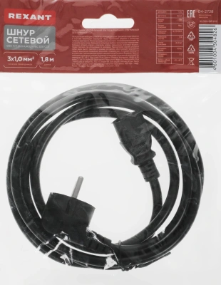 Шнур питания Rexant 04-2738 Schuko-C13 проводник.:3x1мм2 1.8м 220В черный
