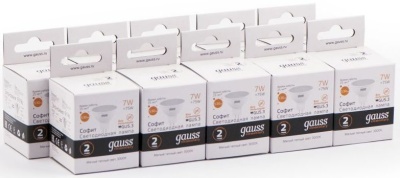 Лампа светодиодная Gauss Elementary MR16 7Вт цок.:GU5.3 спот 220B св.свеч.бел.теп. MR16 (упак.:10шт) (13517)