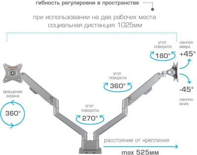 Кронштейн для мониторов Arm Media LCD-T36 серебристый 15"-34" макс.9кг настольный поворот и наклон верт.перемещ.