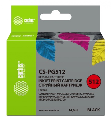 Картридж струйный Cactus CS-PG512 PG-512 черный (400стр.) (15мл) для Canon Pixma iP2700/MP240/MP250/MP260/MP270/MP272/MP280/MP480/MP490/MP492/MP495/MX320/MX330/MX340/MX350 с чипом