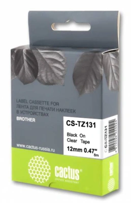 Картридж ленточный Cactus CS-TZ131 TZe-131 черный на прозрачном 12x8 для Brother 1010/1280/1830VP/7600VP