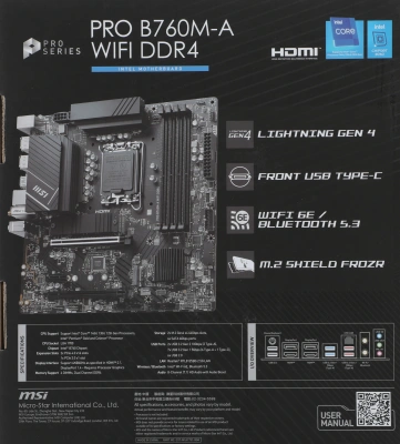 Материнская плата MSI PRO B760M-A WIFI DDR4 Soc-1700 Intel B760 4xDDR4 mATX AC`97 8ch(7.1) 2.5Gg+HDMI+DP