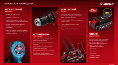 Дрель-шуруповерт Зубр ДБУ-65-22 40Вт аккум. патрон:быстрозажимной