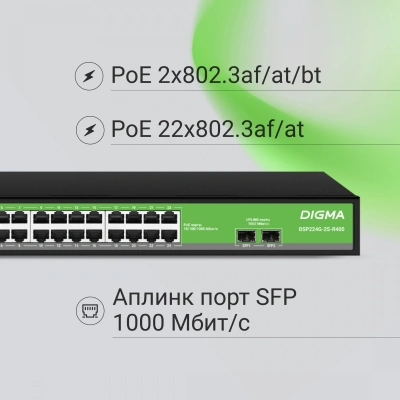 Коммутатор Digma DSP224G-2S-R400 (L2) 24x1Гбит/с 2SFP 24PoE 24PoE+ 2PoE++ 400W неуправляемый