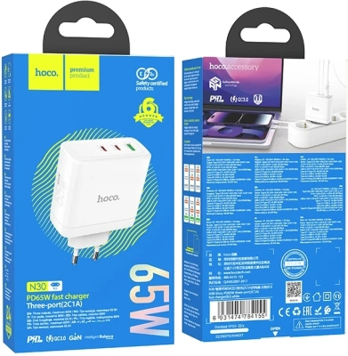 Сетевое зар./устр. Hoco N30 Glory 25W 3.25A+3A+1.5A (PD+QC) универсальное белый (84155)