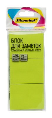 Блок самоклеящийся бумажный Silwerhof 38x51мм 100лист. 75г/м2 неон зеленый европодвес (упак.:3шт)