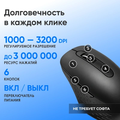 Мышь Оклик 417MW черный оптическая 3200dpi беспров. BT/Radio USB 6but (1677300)