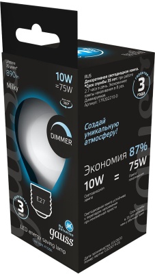 Лампа светодиодная Gauss Filament 179202210-D 10Вт цок.:E27 груша 220B св.свеч.бел.нейт. (упак.:1шт)