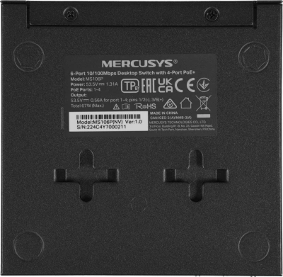 Коммутатор Mercusys MS106P (L2) 6x100Мбит/с 4PoE+ 67W неуправляемый