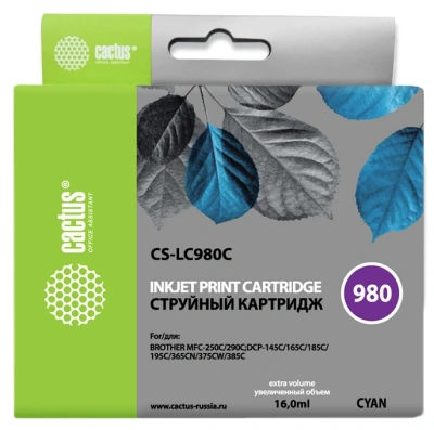 Картридж струйный Cactus CS-LC980C голубой (16мл) для Brother DCP-145C/165C/MFC-250C/290C с чипом
