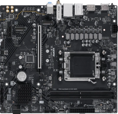 Материнская плата MSI PRO A620AM-G EVO WIFI Socket AM5 AMD A620A 2xDDR5 mATX AC`97 8ch(7.1) 2.5Gg RAID+VGA+HDMI+DP