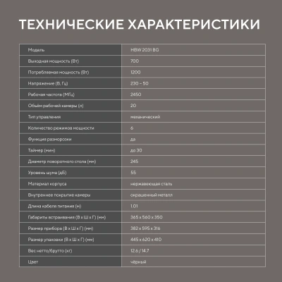 Микроволновая печь Hyundai HBW 2031 BG 20л. 700Вт черный (встраиваемая)