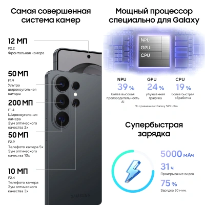 Смартфон Samsung SM-S948B Galaxy S26 Ultra 1Tb 16Gb черный моноблок 3G 4G 2Sim 6.9" 1440x3120 Android 16 200Mpix 802.11 a/b/g/n/ac/ax/be NFC GPS GSM900/1800 GSM1900 Protect