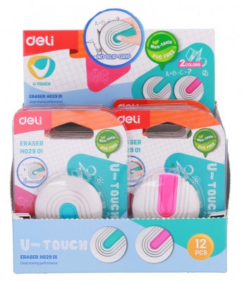 Ластик Deli EH02901 U-touch круглый 45x10мм ассорти с держателем блистер