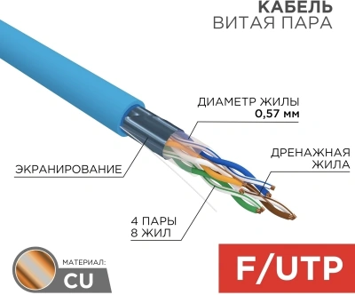 Кабель информационный Rexant 01-0147 кат.6 FTP 4 пары PVC внешний 305м синий